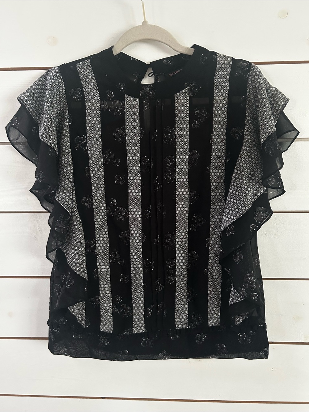 Victorias Secret Top Womens Small Black Sheer Ruffle Blouse Keyhole Button